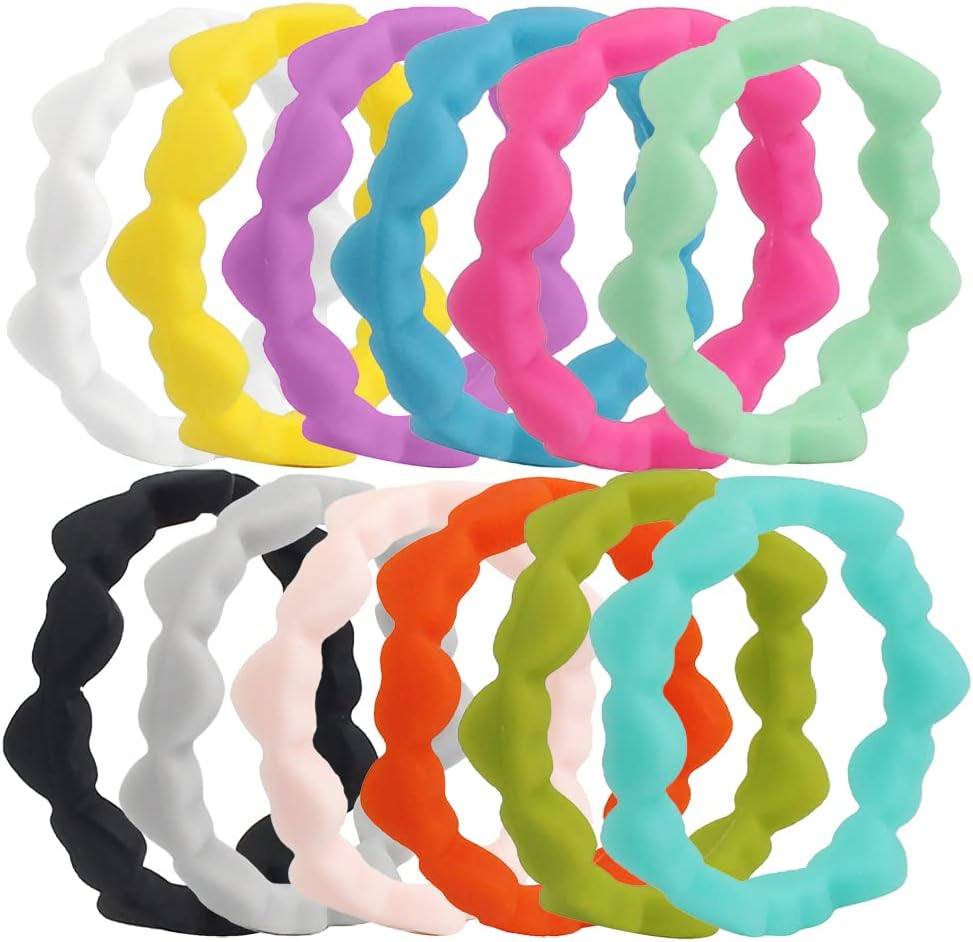 Womens Thin Love Heart Chain Silicone Wedding Ring 12Pcs Pack Red Yellow Green Stackable Rubber Bands - US Size 4-10