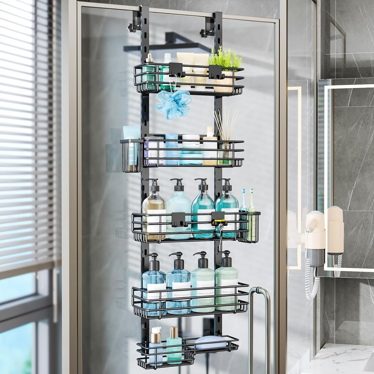 over the Door Shower Caddy - 5 Tier Adjustable Shower Organizer Hanging with 2 Toothbrush Holders & 4 Hooks, Rustproof Organizer Shelf, Storage Rack for Bathroom, Black