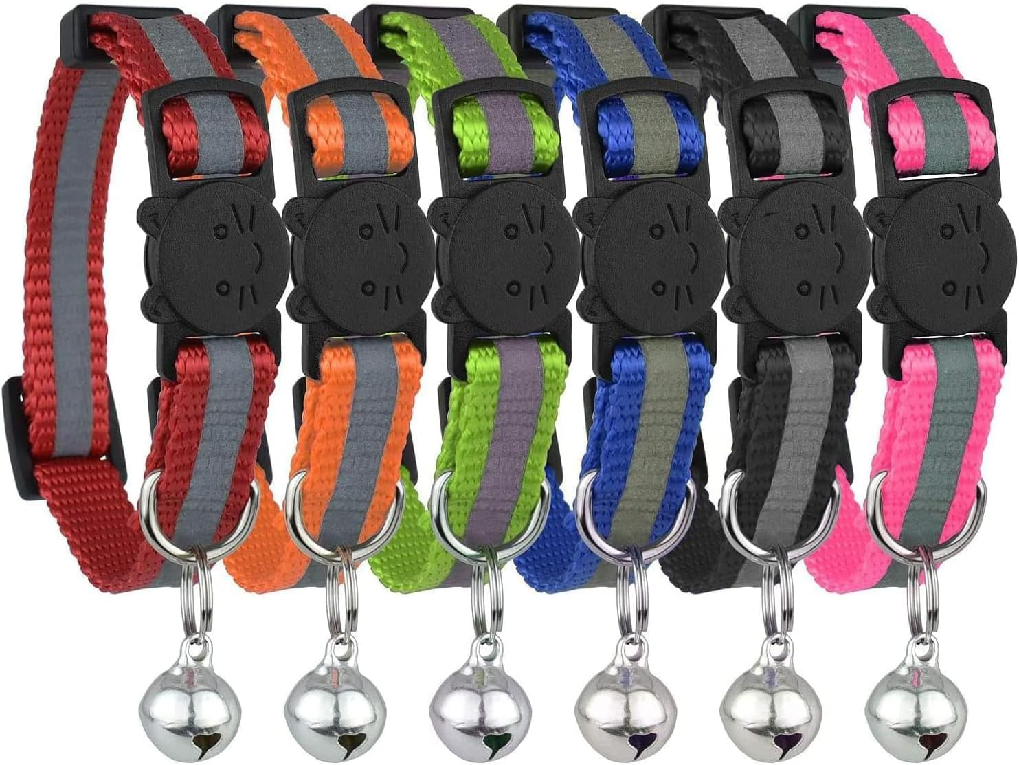 Reflective Cat Collar with Bell, Set of 6, Solid & Safe Collars for Cats, Nylon