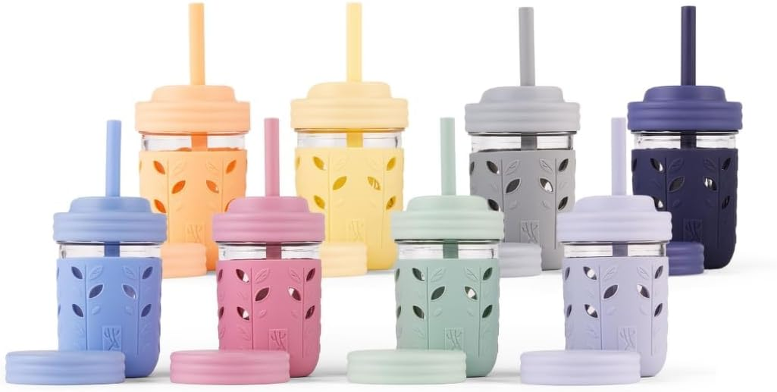 Kids & Toddler Cups | the Original Glass Mason Jars 8 Oz with Silicone Sleeves & Silicone Straws with Stoppers | Smoothie Cups | Spill Proof Sippy Cups for Toddlers