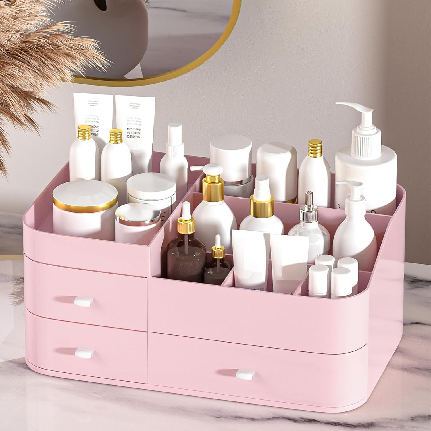 Makeup Organizer for Vanity, Large Capacity Desk Organizer with Drawers for Cosmetics, Lipsticks, Jewelry, Nail Care, Skincare, Ideal for Bedroom and Bathroom Countertops - Large Pink