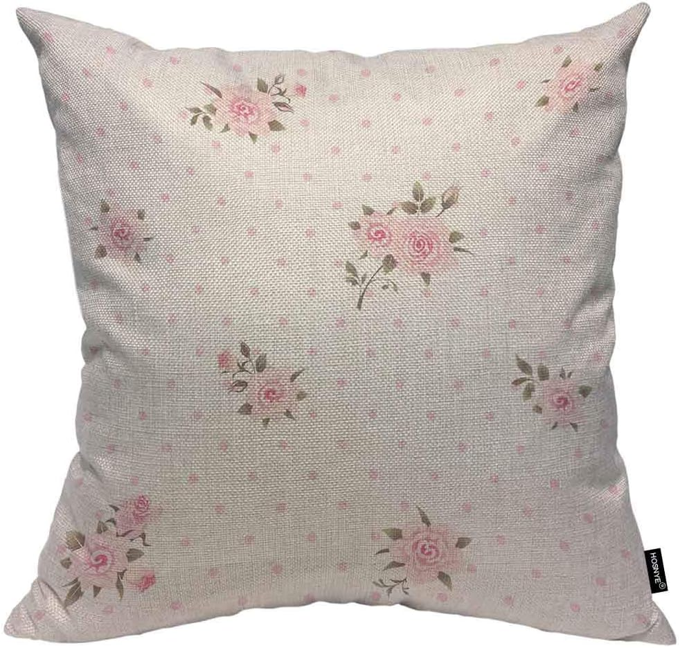 HOSNYE Floral Polka Dot Background Throw Pillow Cushion Cover Shabby Chic Style Pattern with Pink Roses Pillow Case Decorative Square Accent Pillow Case 20X20 Inch
