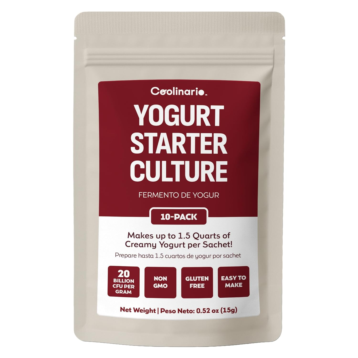 Coolinario Yogurt Starter Culture (10-Pack, 1.5G Sachets) Live Cultures for Homemade Yogurt | Creamy, Thick & Delicious | Regular or Greek Yogurt | Non-Gmo, No Preservatives, Gluten Free