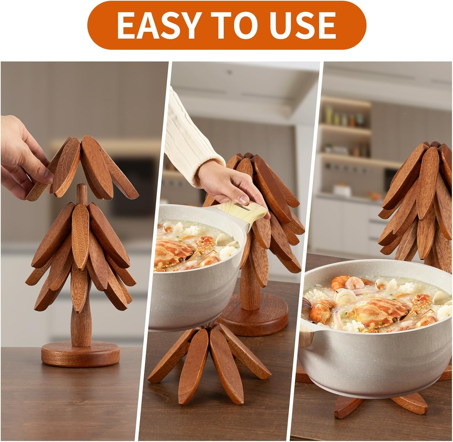 Wooden Trivets for Hot Dishes,Tree Shape Trivet Set,4 Trivets+1 Stand,Natural... - Picture 4 of 14