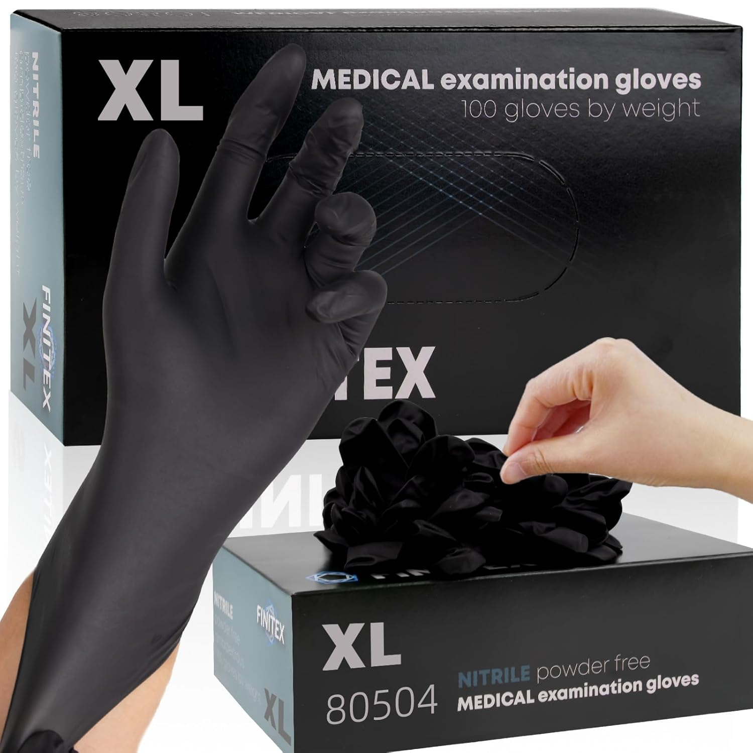 FINITEX - Black Nitrile Disposable Gloves, 5Mil, Powder/Latex-Free, Medical Exam 100 PCS for Examination Home Cleaning Food Glove (X-Large)