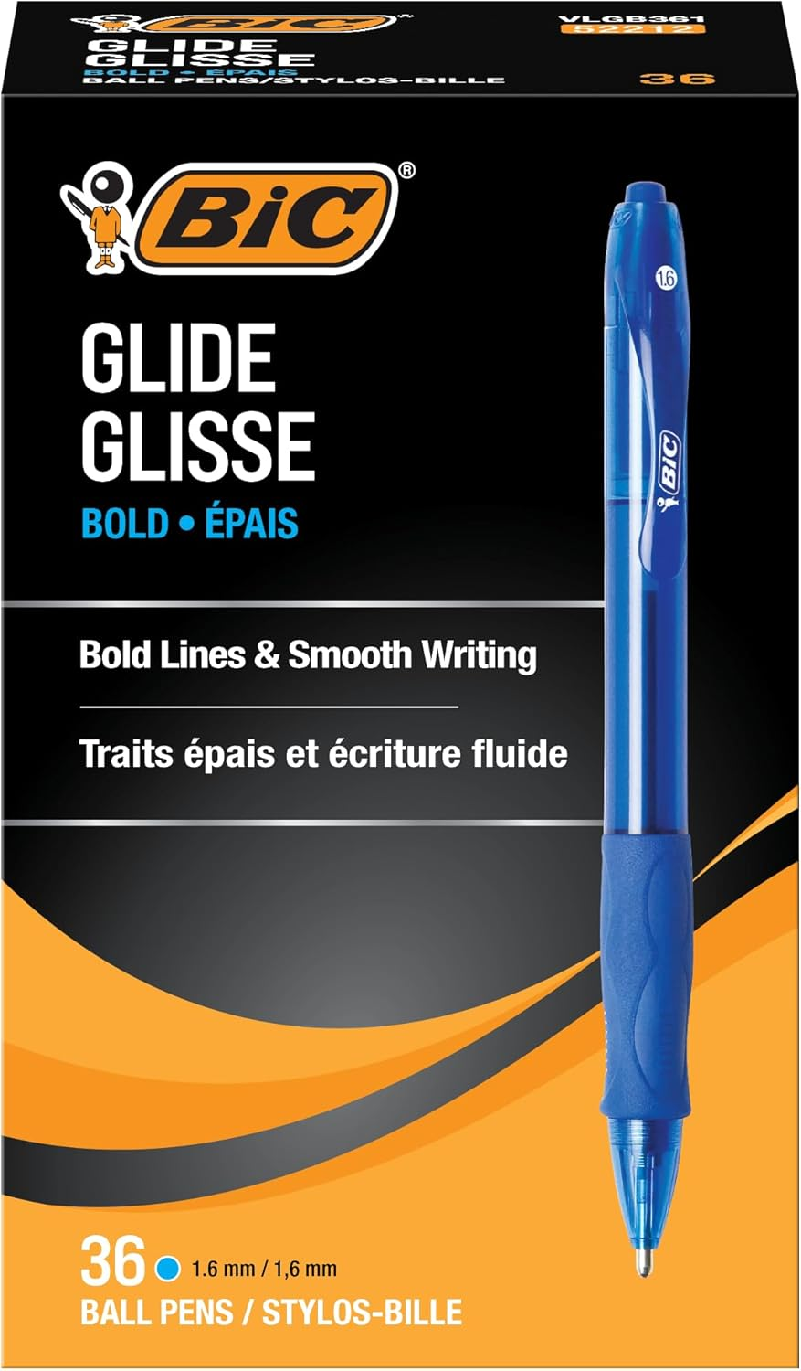 BIC Glide Velocity Bold Ballpoint Pens, Bold Point (1.6 Mm), Blue Ink Pens, Translucent Barrel, 36-Count Pack (VLGB361-BLU)