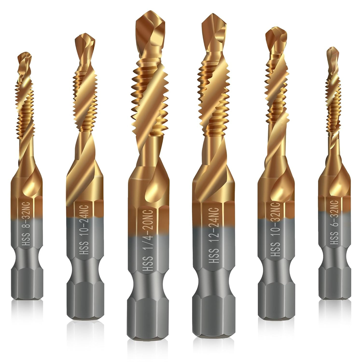 6-Pack Titanium Combination Drill Tap Bit Set – HSS 4341, Sizes 6-32 To 1/4-20NC (1/4" Hex Shank)