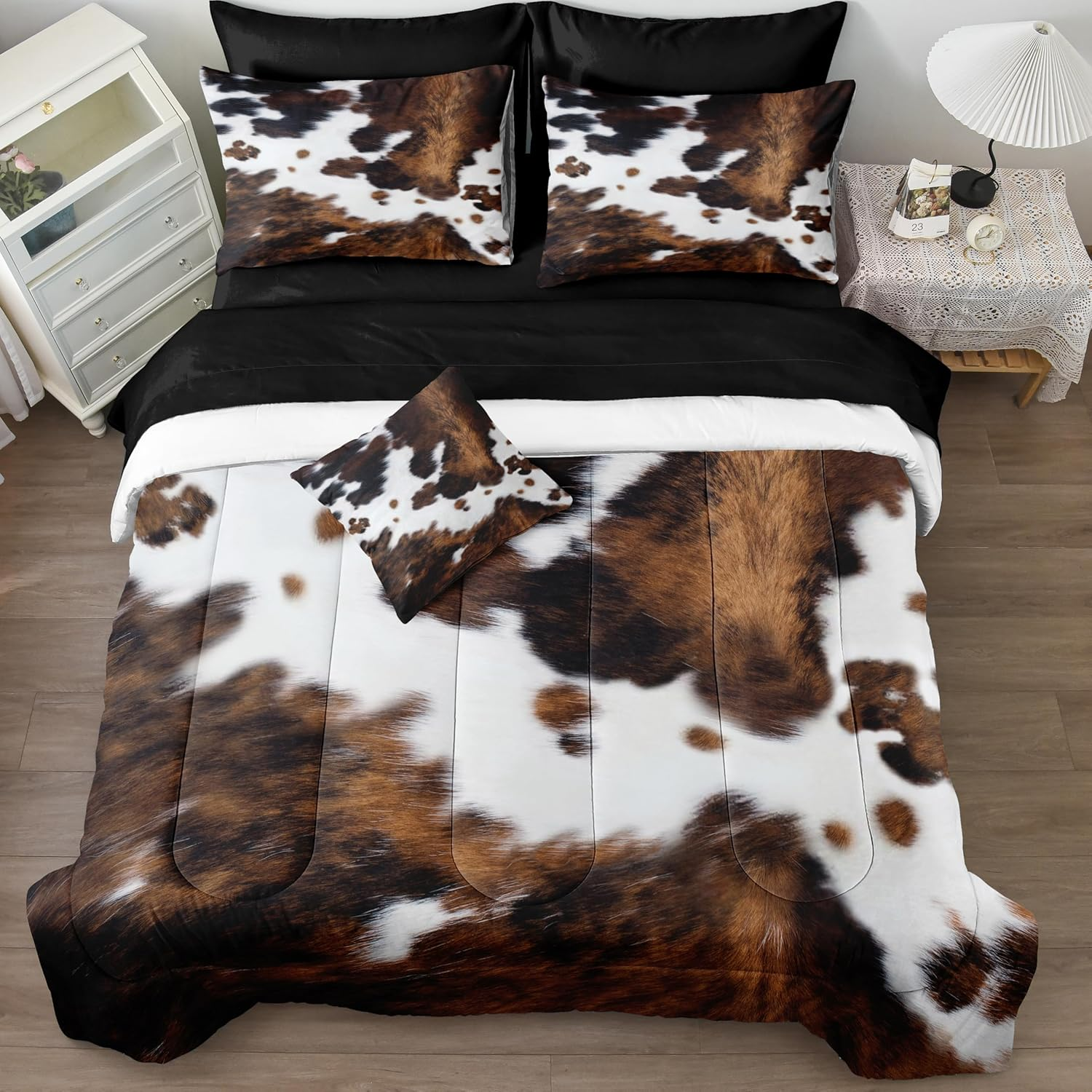 Cow Print Comforter Set Queen Size Animal Skin Bedding 8 Pcs Queen Bed in a Bag Western Cowhide Rustic Bedding Brown Milk Cow Print Bed Set for All Seasons(Brown,Queen)