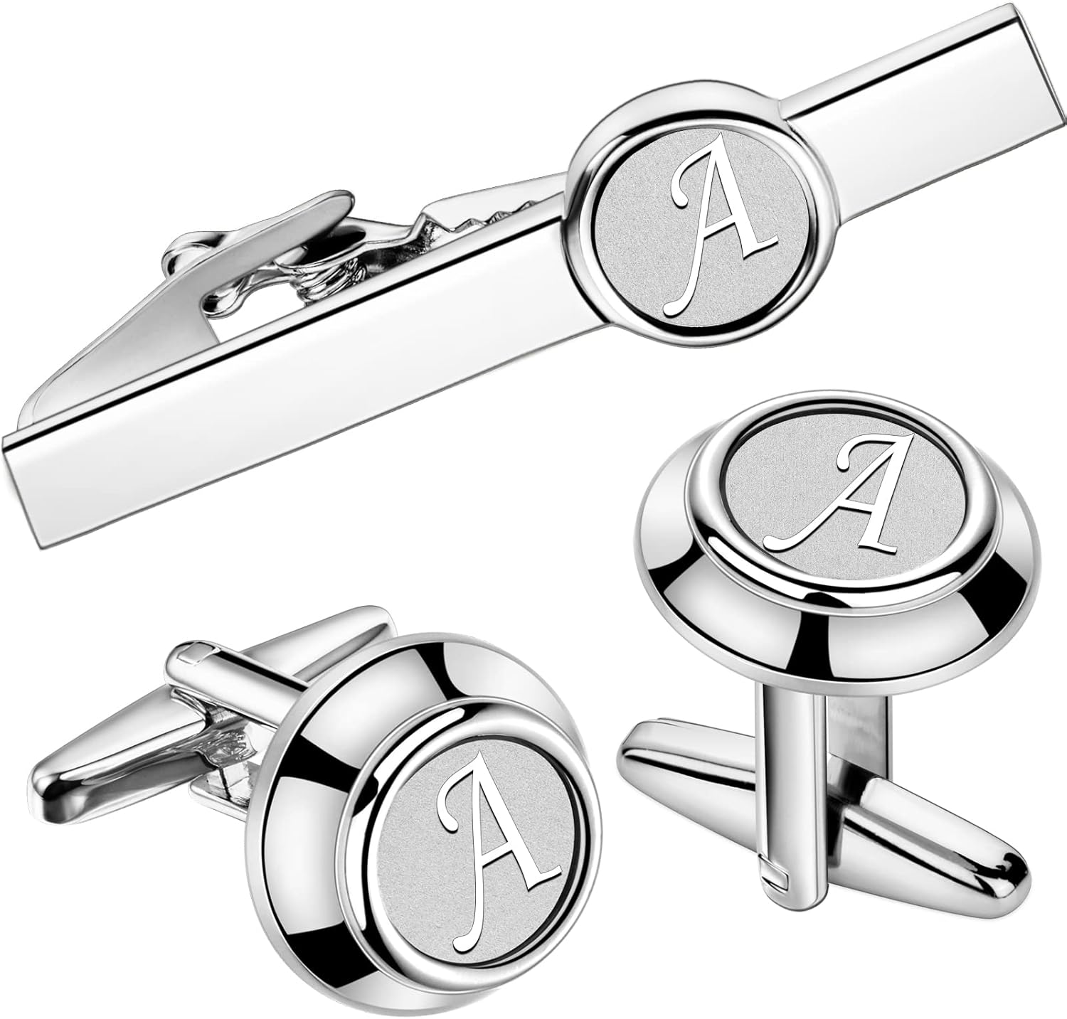 AMITER 26 Letters Tie Clip and Cufflinks for Men, Initial Tie Bar & Cuff Links Set Necktie Clip for Business, Wedding, Anniversary