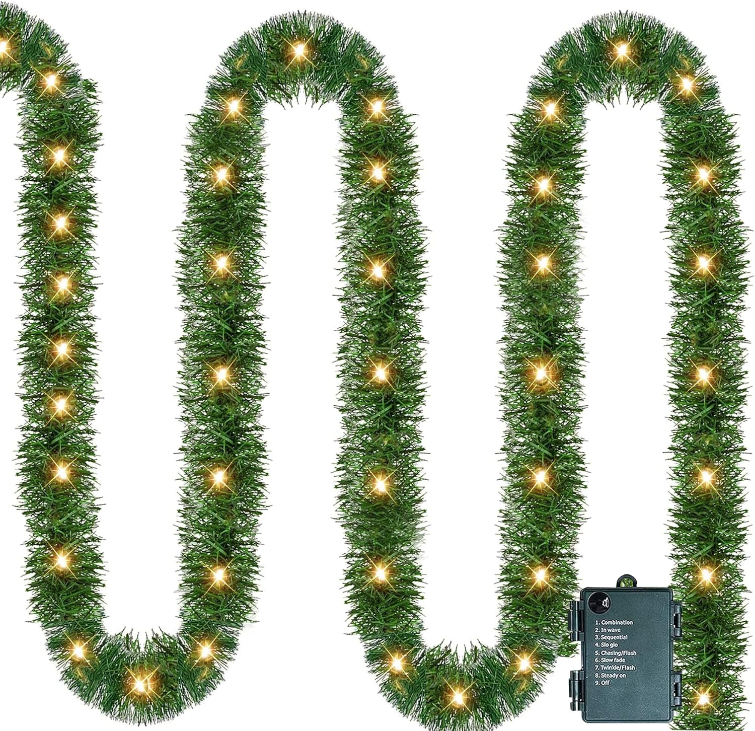 14.8 FT Artificial Christmas Garland, 50 Pre-Lit LED Mini String Lights Battery Operated Xmas Garland for Home Stair Railing Indoor Wedding Party Christmas Ornament Decorations (Warm White)