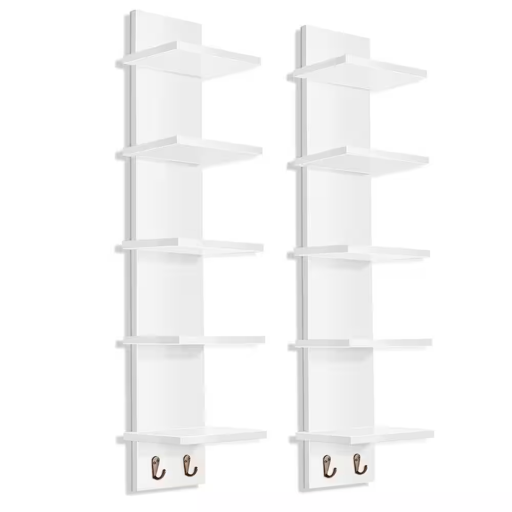 5-Tier Wall Shelf Unit with Hooks (Set-2), 6 In. W X 5 In. D White MDF Decorative Wall Shelf, Column Utility Shelving