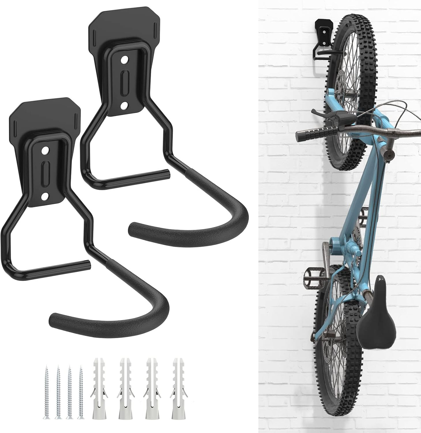2 Pack Bike Wall Mount Bicycle Hooks Iron Bike Hanger Brackets Wall Mounted Bicycle Storage Rack Heavy Duty L Shape Vertical Bike Rack Convenient for Home Garage, Bike Accessories, Black