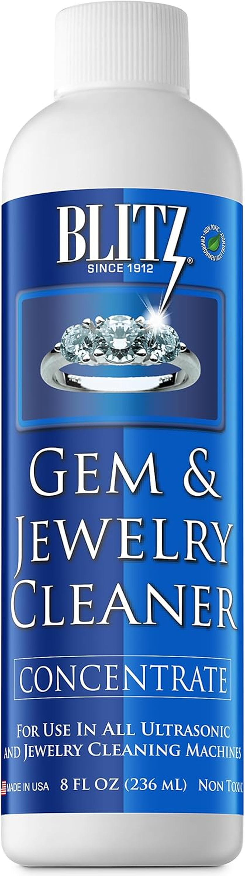 Blitz Gem & Jewelry Cleaner Liquid Concentrate for Gold, Silver, & Platinum Jewelry Cleans Non-Porous, Precious & Semi-Precious Stones. Non-Toxic, Non-Abrasive, & Planet Friendly Made in USA 8Oz