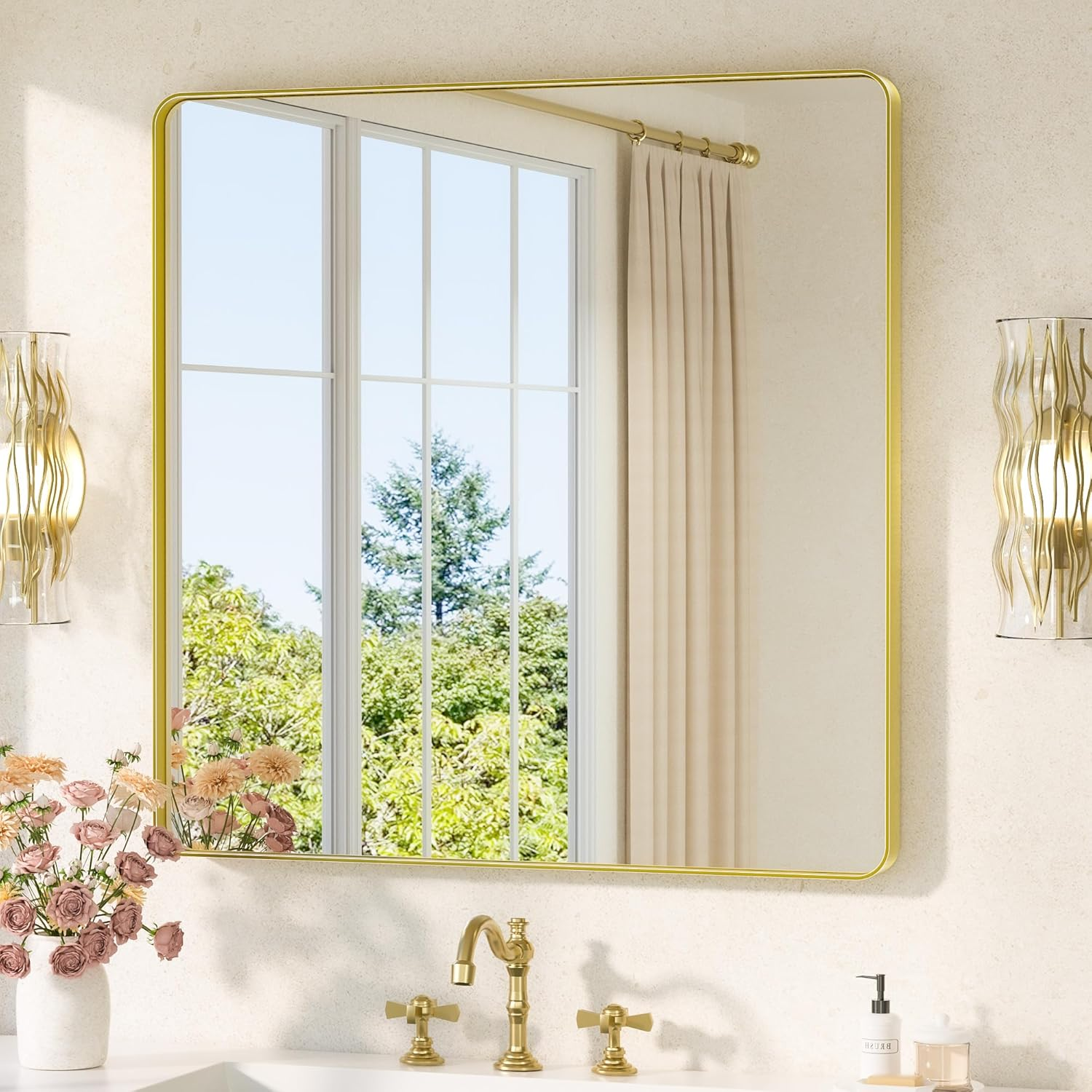Gold Framed Mirror 36 X 36 Vanity Mirrors for Wall Decor Brushed Gold Bathroom Mirrors, Tempered Glass, Modern Farmhouse Wall Mounted Mirror for Decorative(Horizontal/Vertical)