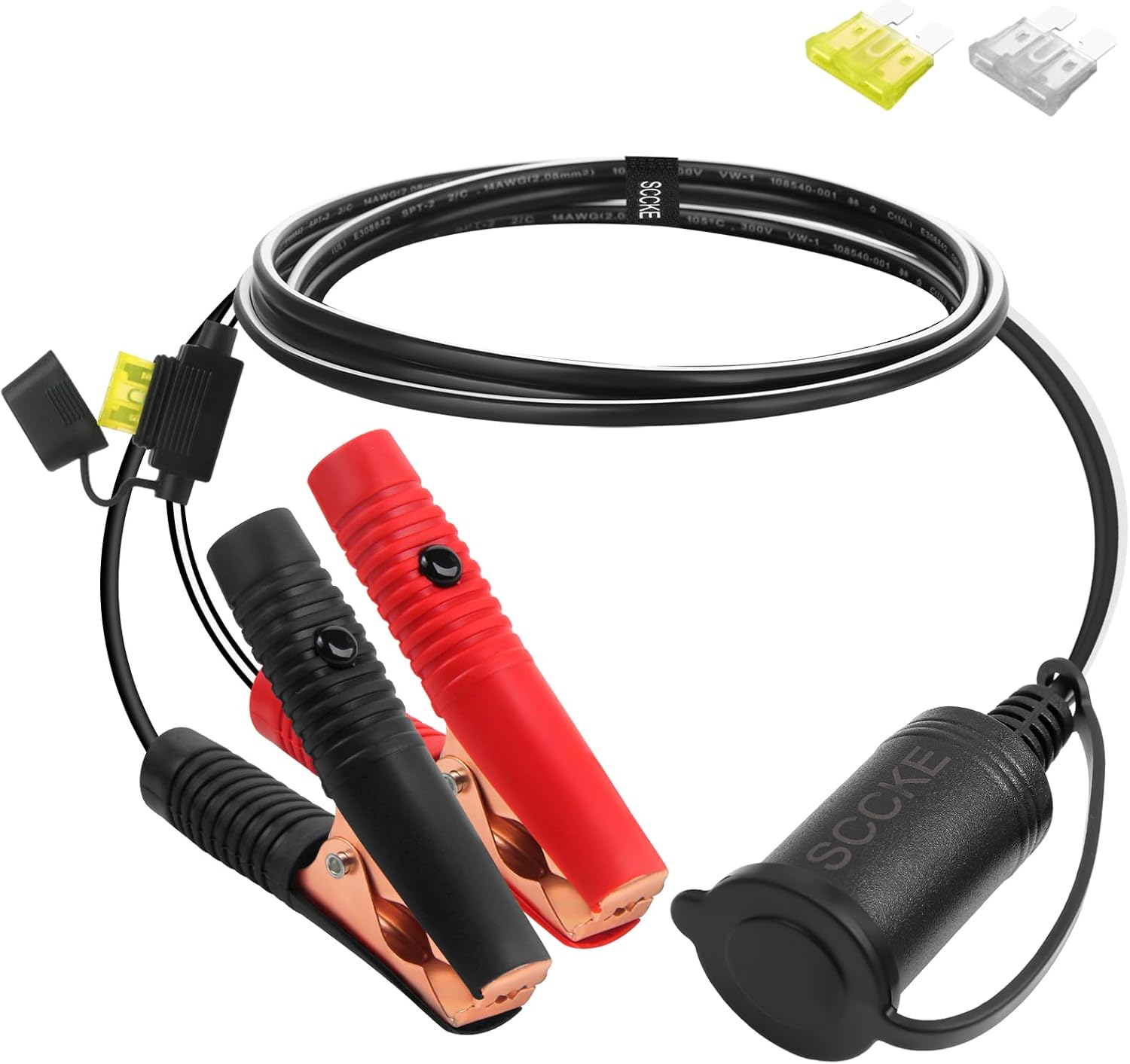 3Ft/0.92M 14AWG 20A 12V 24V Female Car Cigarette Lighter Socket to Battery Alligator Crocodile Clips Connector, Car Battery Clamp-On Extension Charge Cable with 20A Fuse