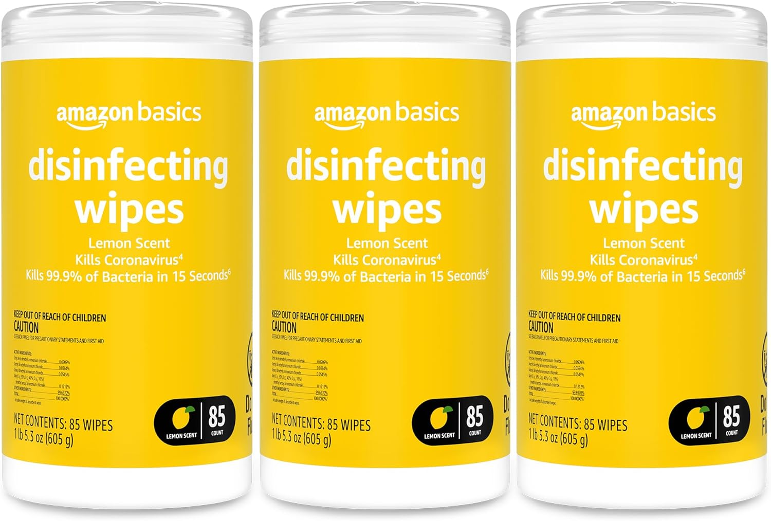 Amazon Basics Disinfecting Wipes, Lemon Scent, for Sanitizing, Cleaning & Deodorizing, 255 Count (3 Packs of 85)