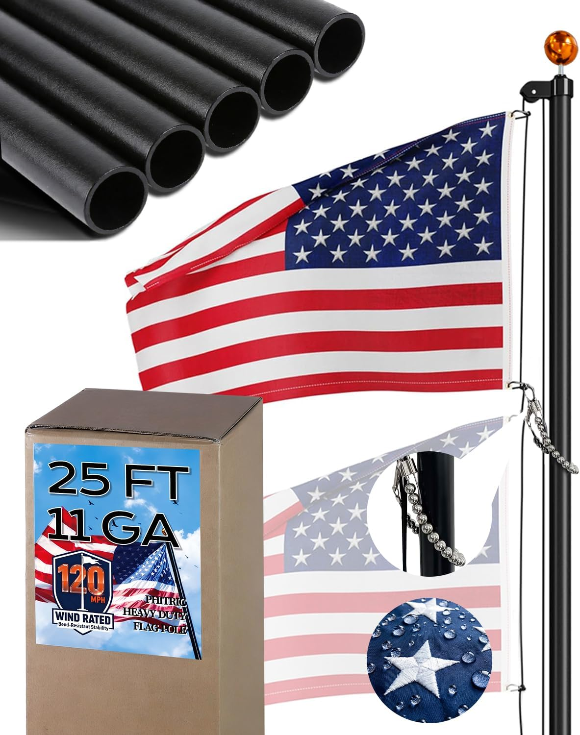 11 Gauge Heavy Duty Flag Pole Kit, 25FT Extra Thick Aluminum Flagpole for outside in Ground, with 3X5 American Flag, Residential or Commercial Use, 120 MPH Wind Resistant
