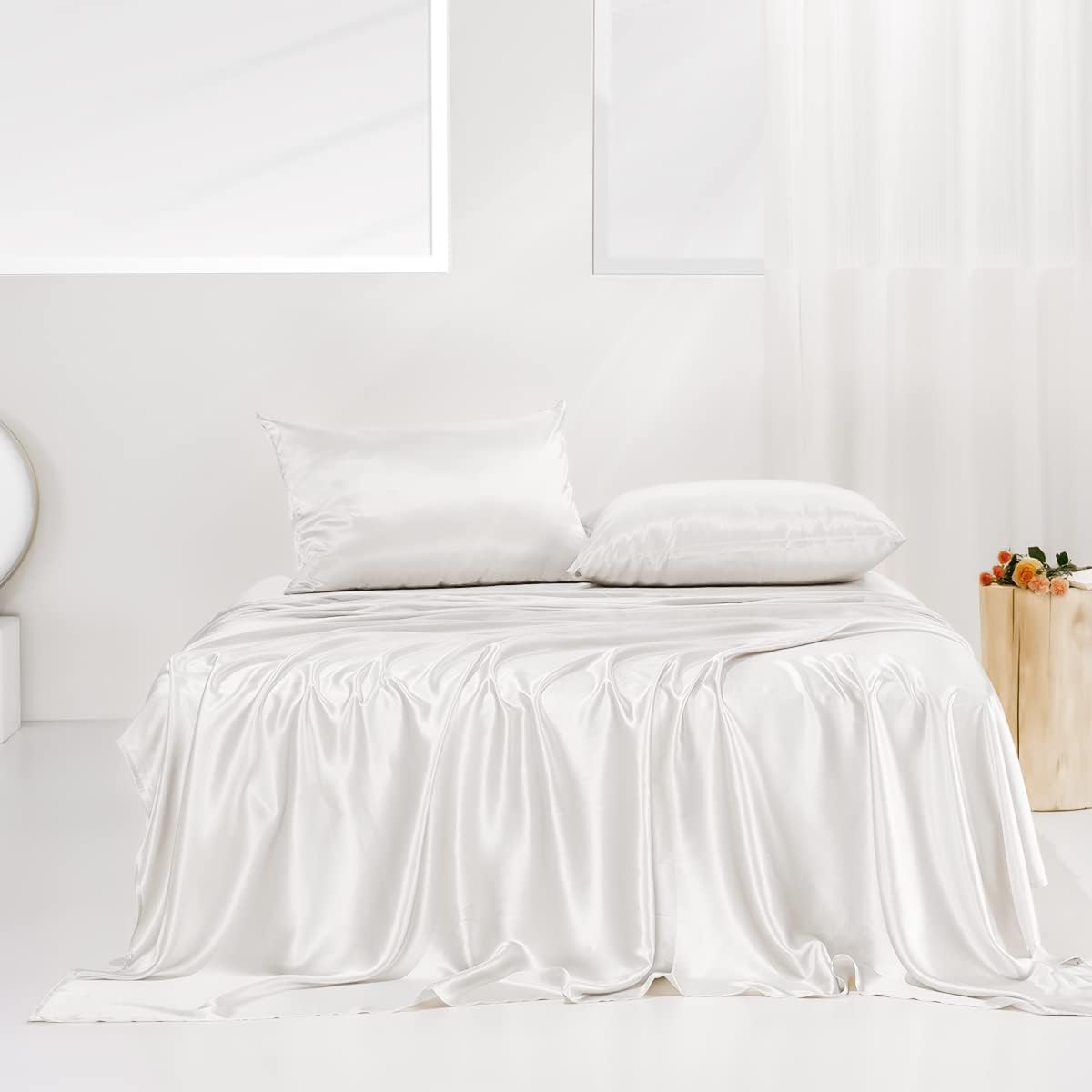 Luxurious 100% Pure Mulberry Silk King Size Bed Sheet Set - Ultra Soft White 4PCS