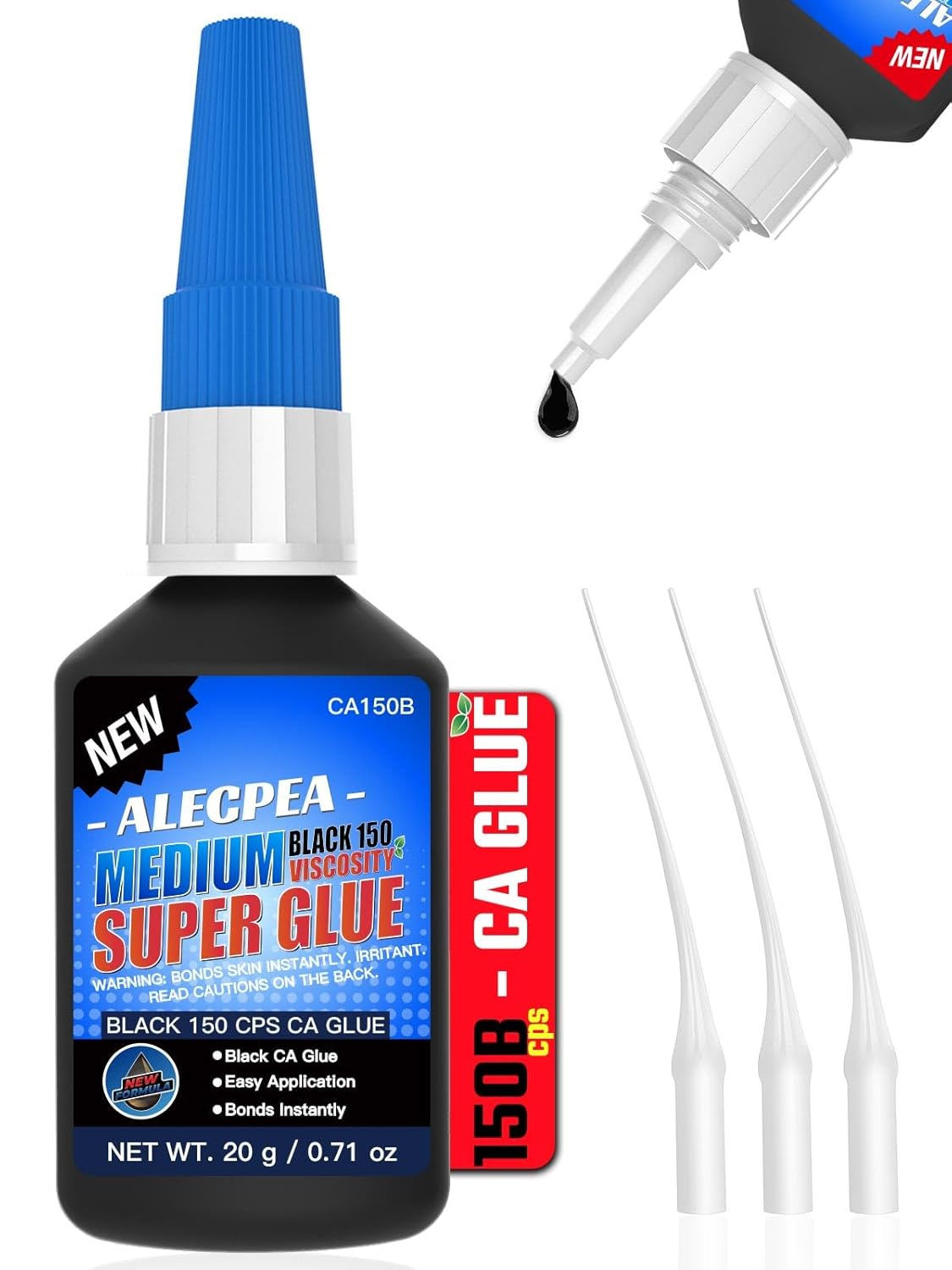 20G Black Medium CA Glue (150 CPS), Premium Cyanoacrylate Super Glue for Wood, Glass, Metal, Paper, Leather, Plastic, Ceramic, Rubber, Jewelry, Woodworking, Hobby Models, and Craft Project