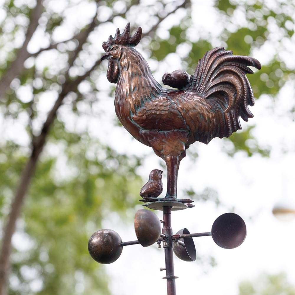 Kinetic Wind Spinner for Garden and Yard, Large Metal Rooster with Chicks Wind Sculpture for Outdoor Decor, Antique Copper Chicken Garden Spinner for outside Backyard Patio Lawn Decoration