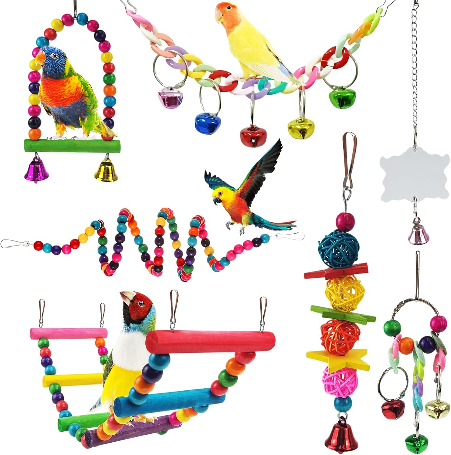 Parakeet Toys,7 Pcs Colorful Bird Toys for Parakeets,Pet Bird Cage Hammock Swing Climbing Ladders Chewing Toy Mirror Hanging Bell Wooden Perch for Budgerigar,Conures, Love Birds,Etc
