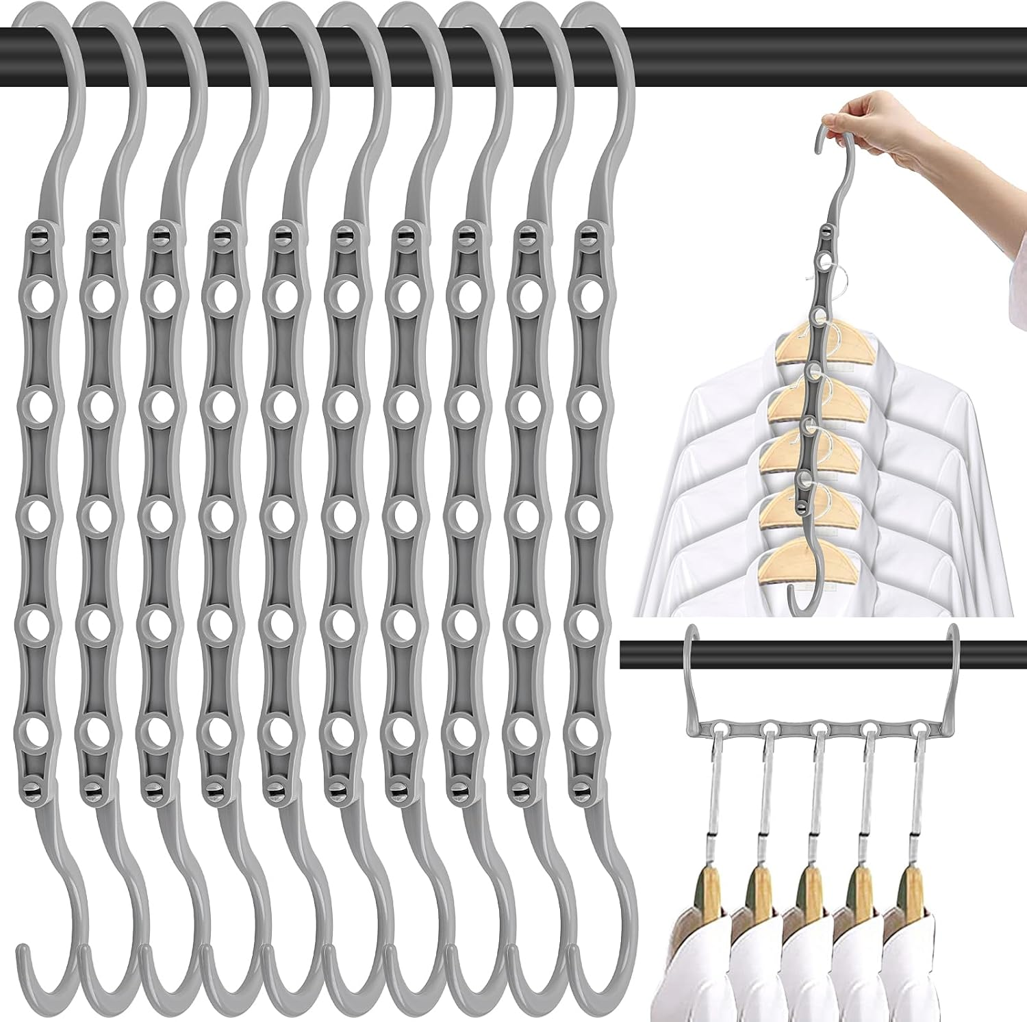 10 PCS Space Saving Hangers, 5-Hole Magic Hangers - Sturdy Plastic Hanger, Closet Organizers for Clothes Storage, College Dorm Essentials, Home Organization (Gray)