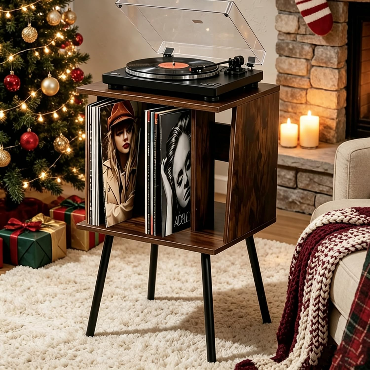 Record Player Stand, Vinyl Record Storage, Vinyl Record Stand Holds up to 100 Records, Magazine Holder Wooden Crate with Legs, Mid-Century Modern Design
