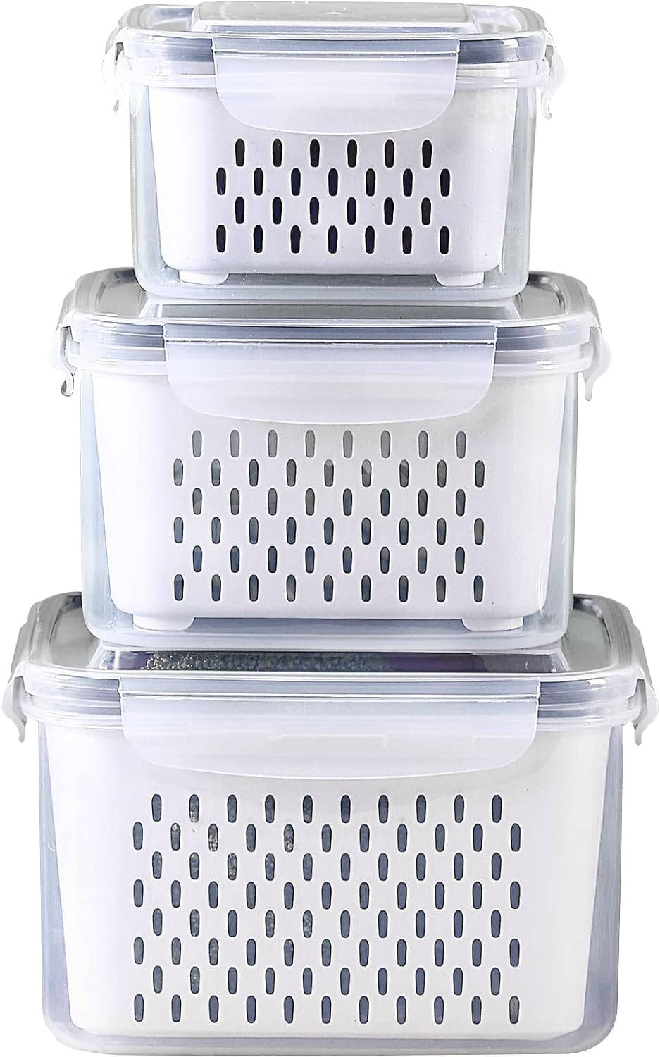 3Pack Fridge Fruit Storage Containers Plutuus BPA Free Plastic Produce Keepers with Lid & Colander for Salad Berry Lettuce Watermelon Storage - Easily Wash