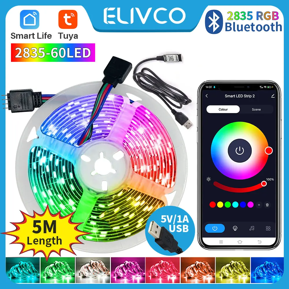 Tuya Bluetooth Smart Led Strip Lights RGB 2835 5V USB Smart Life App Control for Desktop Screen TV BackLight Flexible Diode Tape