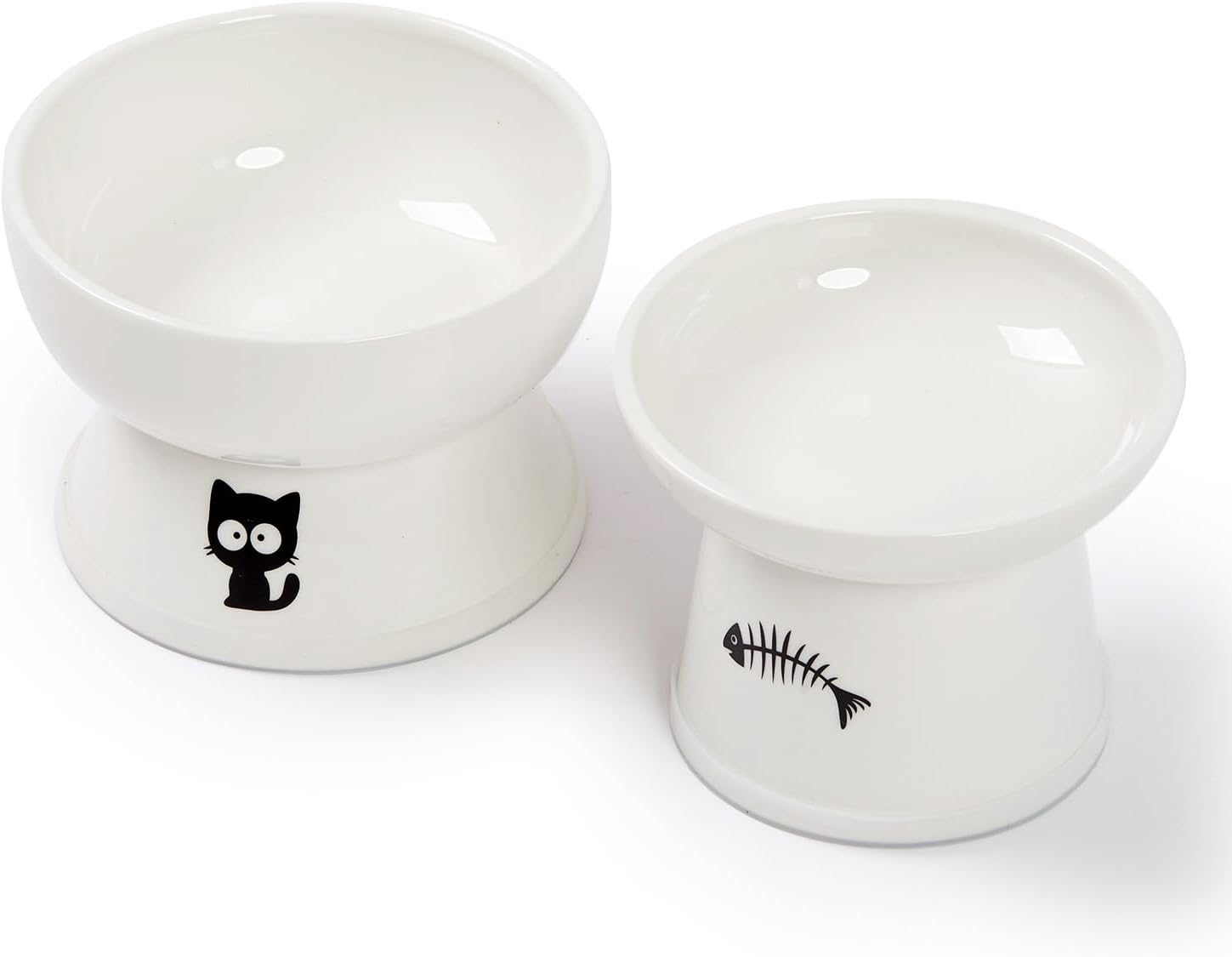 Raised Cat and Water Bowl Set, Whisker Friendly Elevated Ceramic Cats Feeder Bowls with anti Slip Ring, Anti-Vomiting Shallow High Porcelain Pet Kitten Dish, Dishwasher Safe(White)