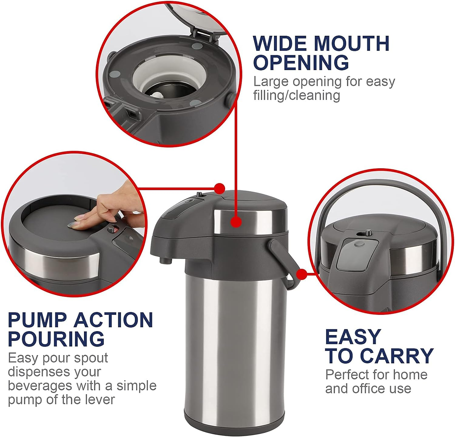 Olerd 4.0 Litre Pump Jugs Thermos Flasks Coffee Dispenser, Stainless Steel Do... - Picture 6 of 13