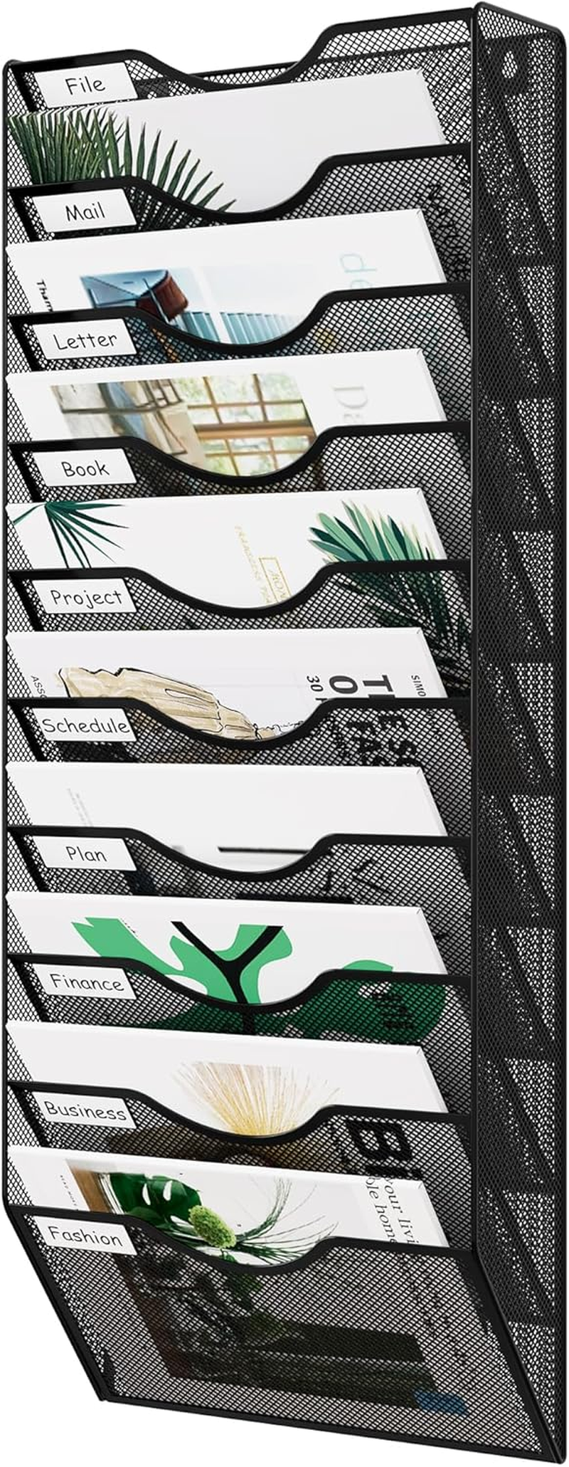 10 Pocket Mesh Wall File Organizer - Vertical Hanging Magazine Rack with Removable Labels, Metal Frame for Mail/Paper Organization, Office Home School, Black