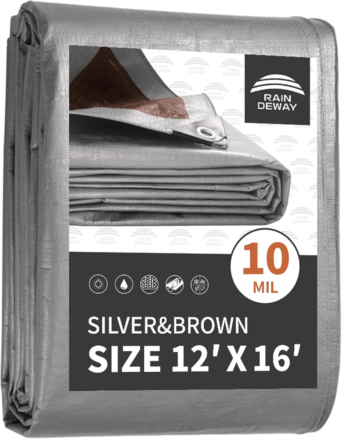 Tarps Heavy Duty Waterproof 12X16 Feet, 10Mil Multipurpose Poly Tarp Cover with Metal Grommets and Reinforced Edges, Silver/Brown Tarp by