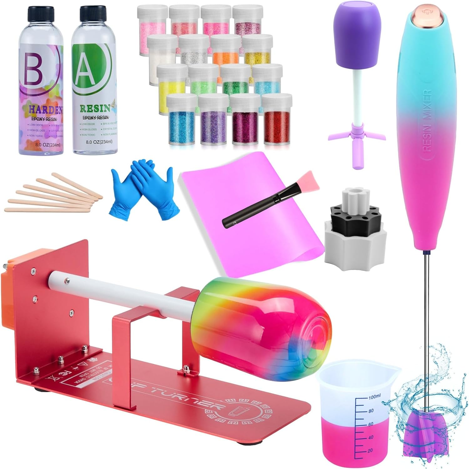 Cup Turner for Crafts Tumbler,Tumbler Turner DIY Glitter Epoxy Resin Tumblers,Epoxy Resin Mixer Attachment with Silent Motor Two-Way Rotation Silicone Pad, Cup Spinner (Epoxy Resin Kit)