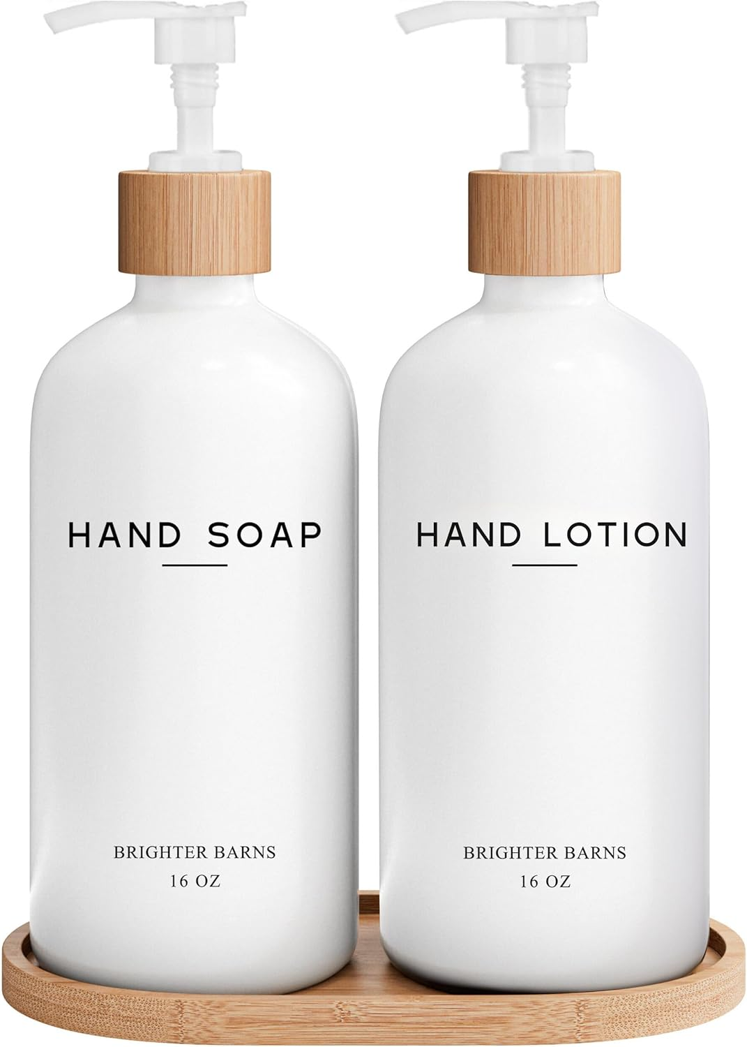 White Glass Soap and Lotion Dispenser Set with Tray by  - Hand Soap Dispenser Bathroom Set - Bamboo Bathroom Soap Dispenser Set - Minimalist Bathroom Accessories, Modern Home Decor