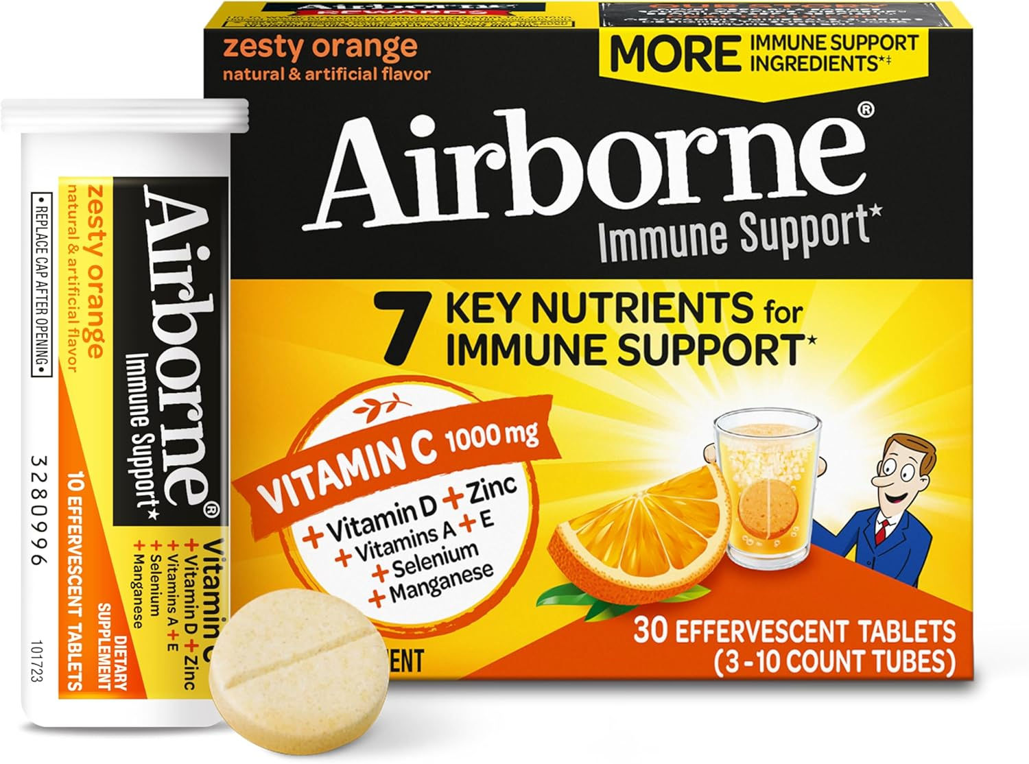 Airborne Vitamin C 1000Mg (Per Serving) - Zesty Effervescent Tablets, Gluten-Free Immune Support Supplement, Echinacea & Ginger, Orange, Citrus, 30 Count (Pack of 3)