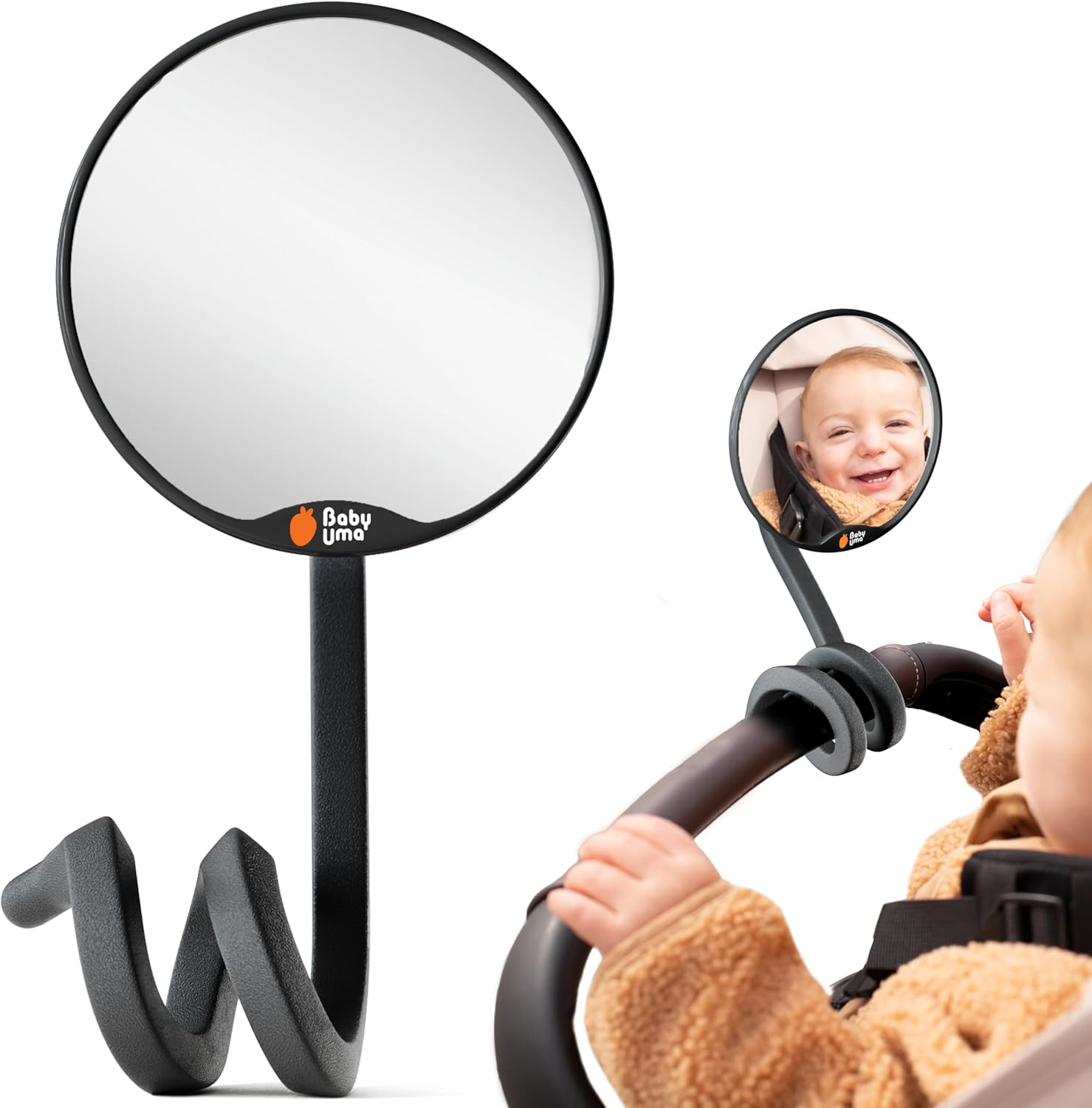 Stroller Mirror for Baby - 100% Shatterproof Clamp on Mirror, Universal with Tight-Grip Silicone Leg, Easy on 'N Off, Stroller Accessories (⌀ 3.8 In)