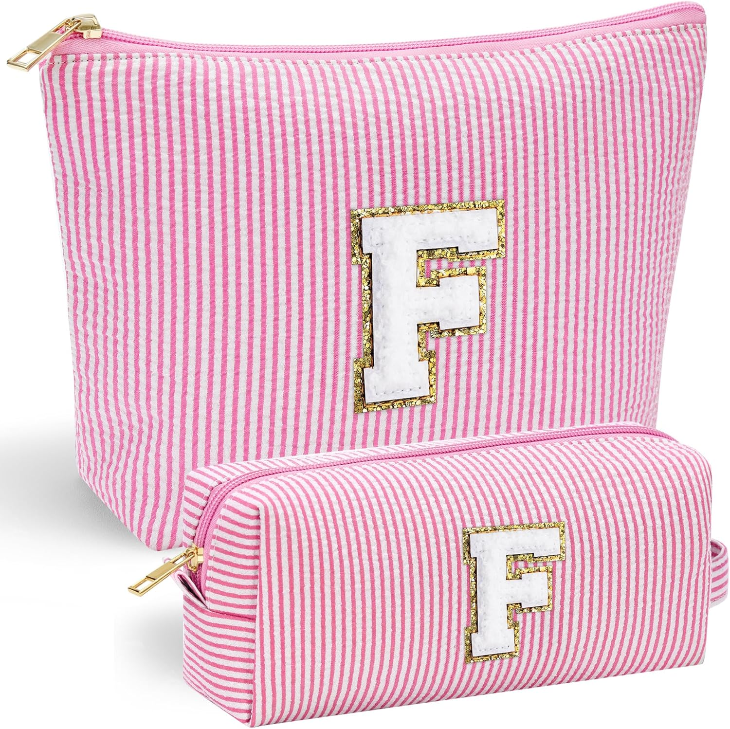 Makeup Bag for Women, Personalized Initial Cute Makeup Pouch for Girlfriend Bridesmaid Wife | Cosmetic Travel Toiletry Bag for Friend Female Sister | Birthday Gift Idea for Her Mom Pink F