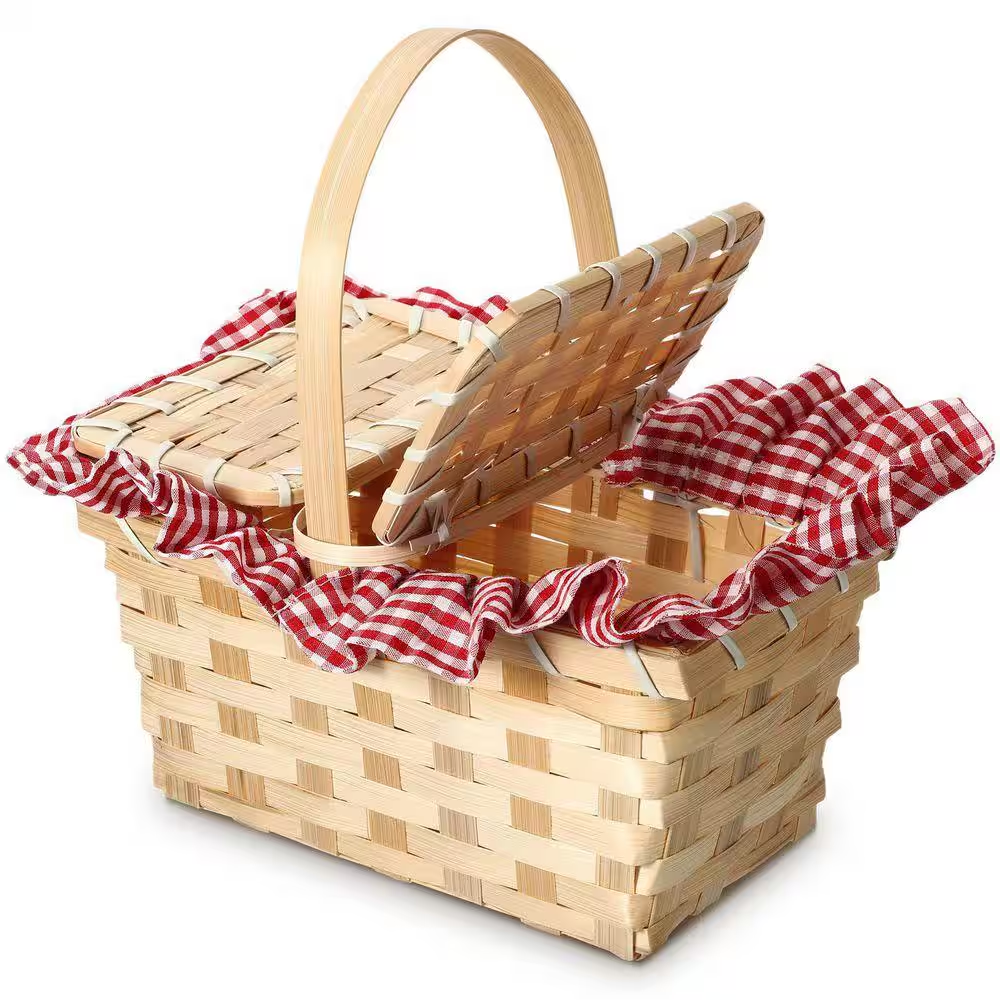 Red and White Bamboo Chip Mini Picnic Basket Costume Accessory with Removable Lid for Halloween Cosplay
