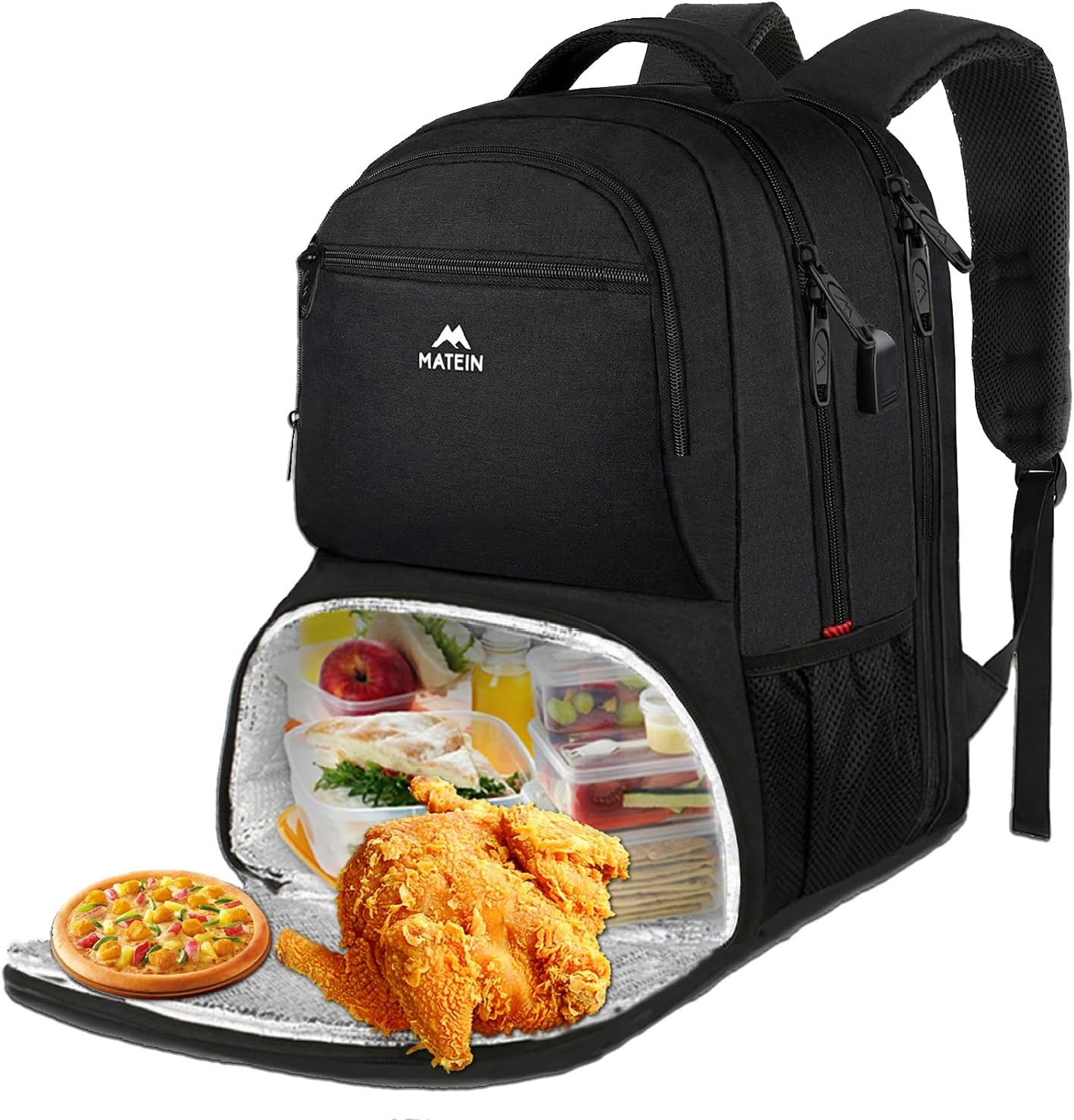 Lunch Backpack for Men, 17 Inch Insulated Cooler Backpack Lunch Box Backpack with USB Charging Port, Water Resistant Computer Daypack College Laptop Backpack for Travel Picnic Work, Black