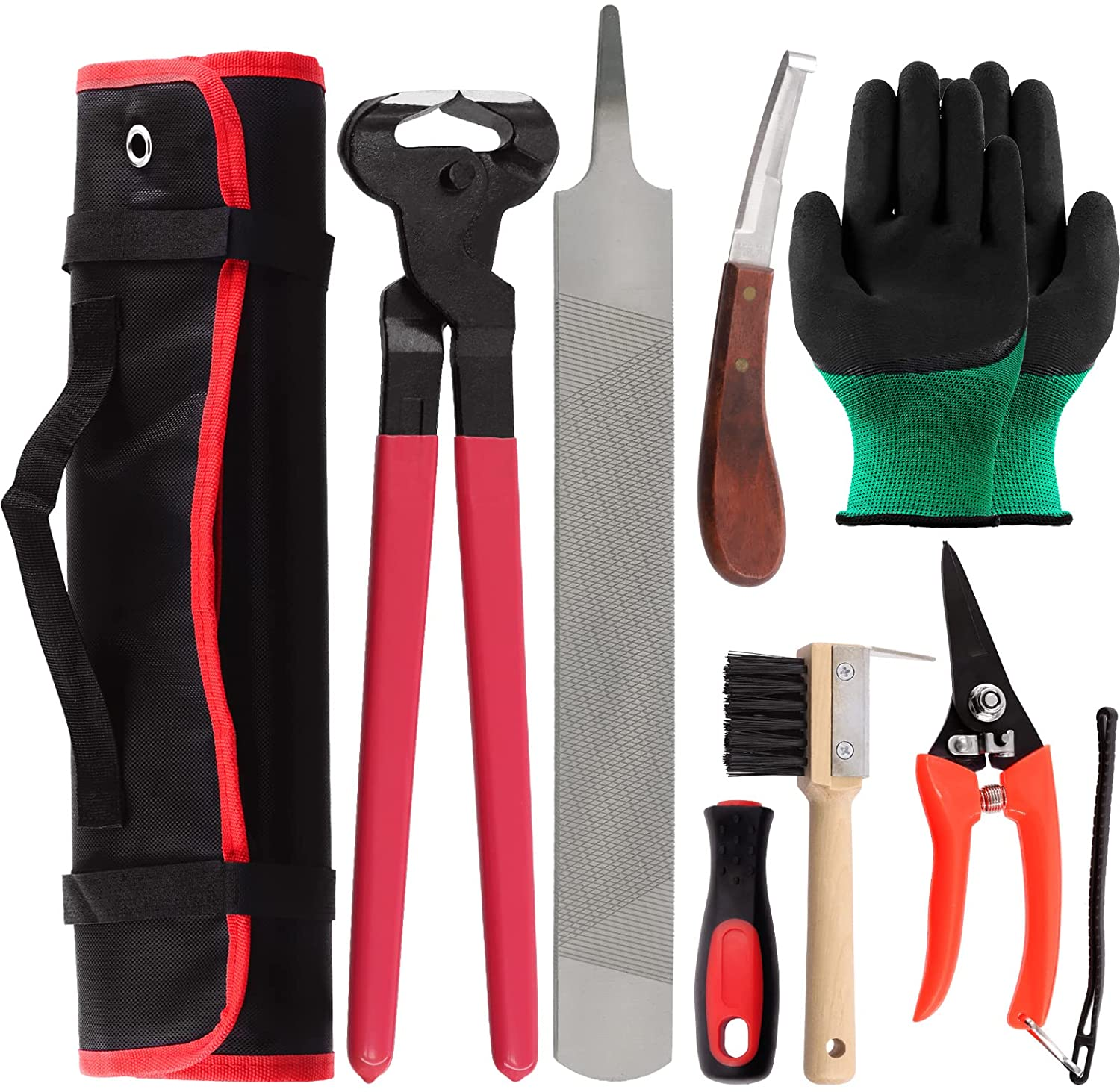 8Pcs Professional Farrier Tools Value Kit with Roll Pack, Horses Hoof Trimmers Shears Tools, Hoof Cutter, Farrier Rasp File and Rubber Handle, Hoof Nipper, Horseshoe Brush, Hoof Knife