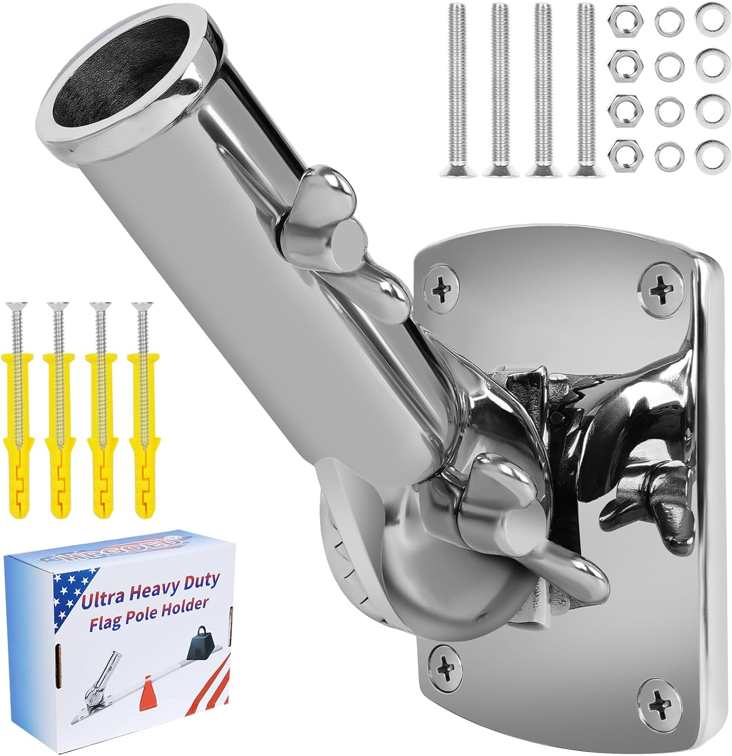 316 Stainless Steel Flag Pole Holder, Marine Grade Ultra Heavy Duty Flag Pole Mount, outside House Flag Pole Bracket, Flagpole Mounting Bracket, Outdoor Adjustable Flag Holder - Mirror Polishing, 1 In