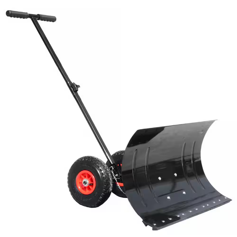 41.7 In. Metal Handle Steel Snow Shovel with Wheels and Adjustable Cushioned Grip for Snow Removal