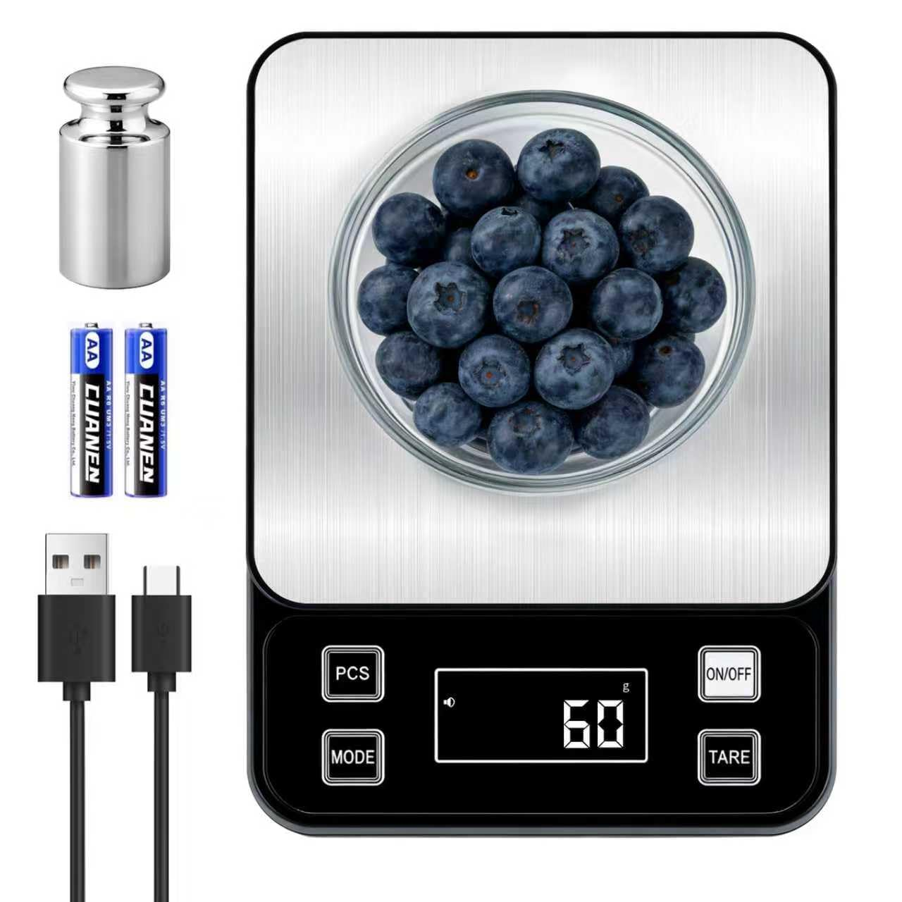 Balanza Digital Impermeable IP67 Cocina 5kg 0.1g Recargable Type-C Acero 1Pz