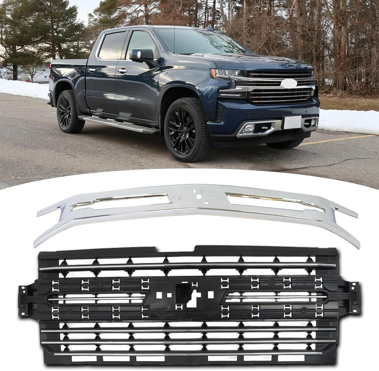 Front Bumper Grille with Decorative Trim Strip Compatible with 2019 2020 2021 Chevy Chevrolet Silverado 1500 Pickup Chrome Front Grille with Trim Assembly