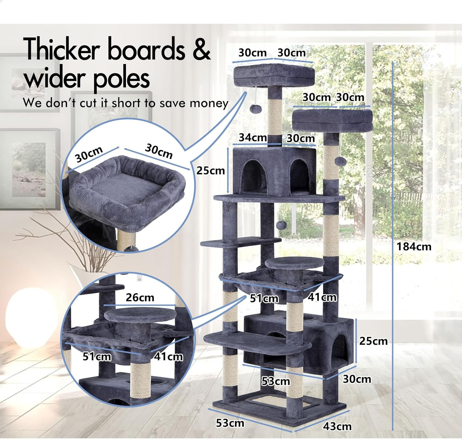 BEASTIE Cat Tree Play Tower 184cm Tall, Multi-Story Kittens Scratching Post T... - Picture 9 of 14