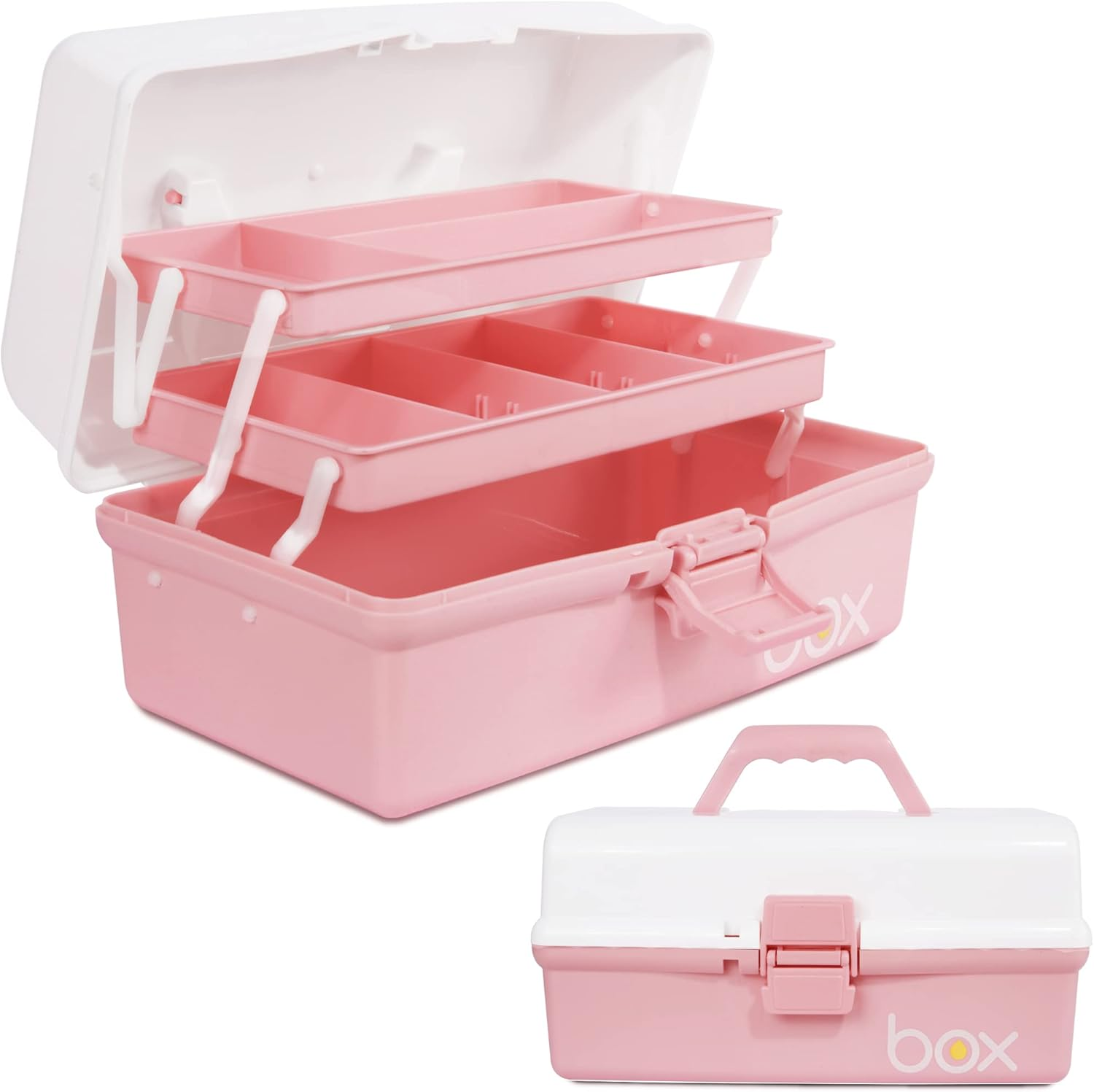 12In Three-Layer Multipurpose Storage Box Organizer Folding Tool Box/Art & Crafts Case/Sewing Supplies Organizer/ Box/Family First Aid Box with 2 Trays (White Pink)