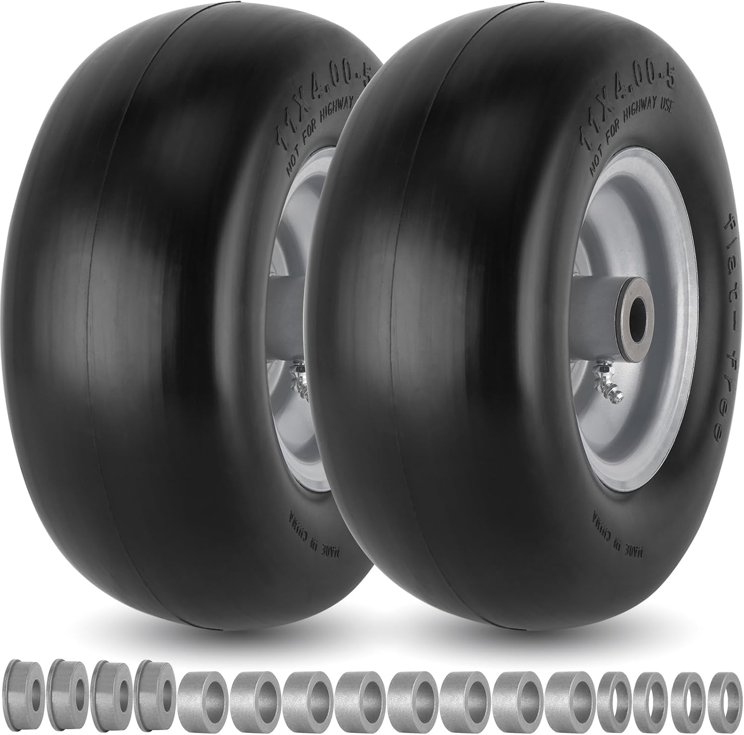 11X4.00-5 Lawn Mower Tires Flat Free for Zero Turn Lawn Mowers Front Tires, 11X4-5 Solid Smooth Tread Tire with 3/4" or 5/8" Bushing, 3.4"-4"-4.5-5" Centered Hub, Universal Adapter Kit