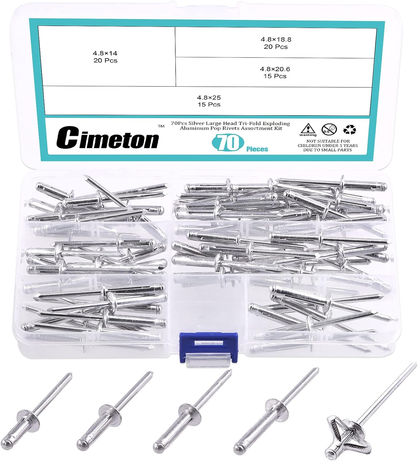 Cimeton 80Pcs 3/16" Long Grip Tri-Grip Rivets Tri-Fold Tri Bulb Long Pop Moun... - Picture 8 of 13