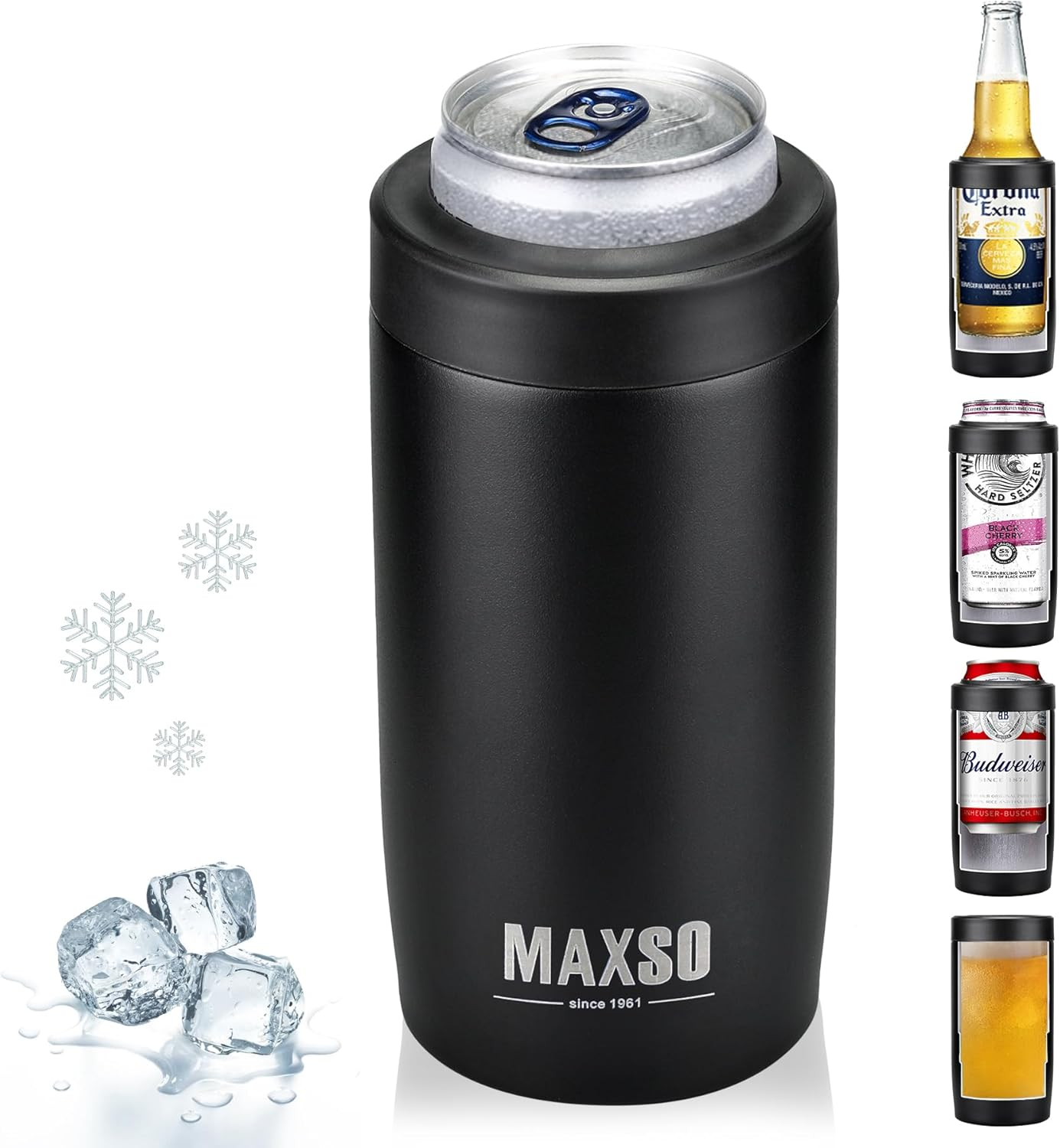 Maxso Slim Can Cooler, 4-In-1 Double Walled Stainless Steel Insulated Beer Can Holder, Works with All 12 Oz Cans,Bottles & as a Pint Cups - Matte Black